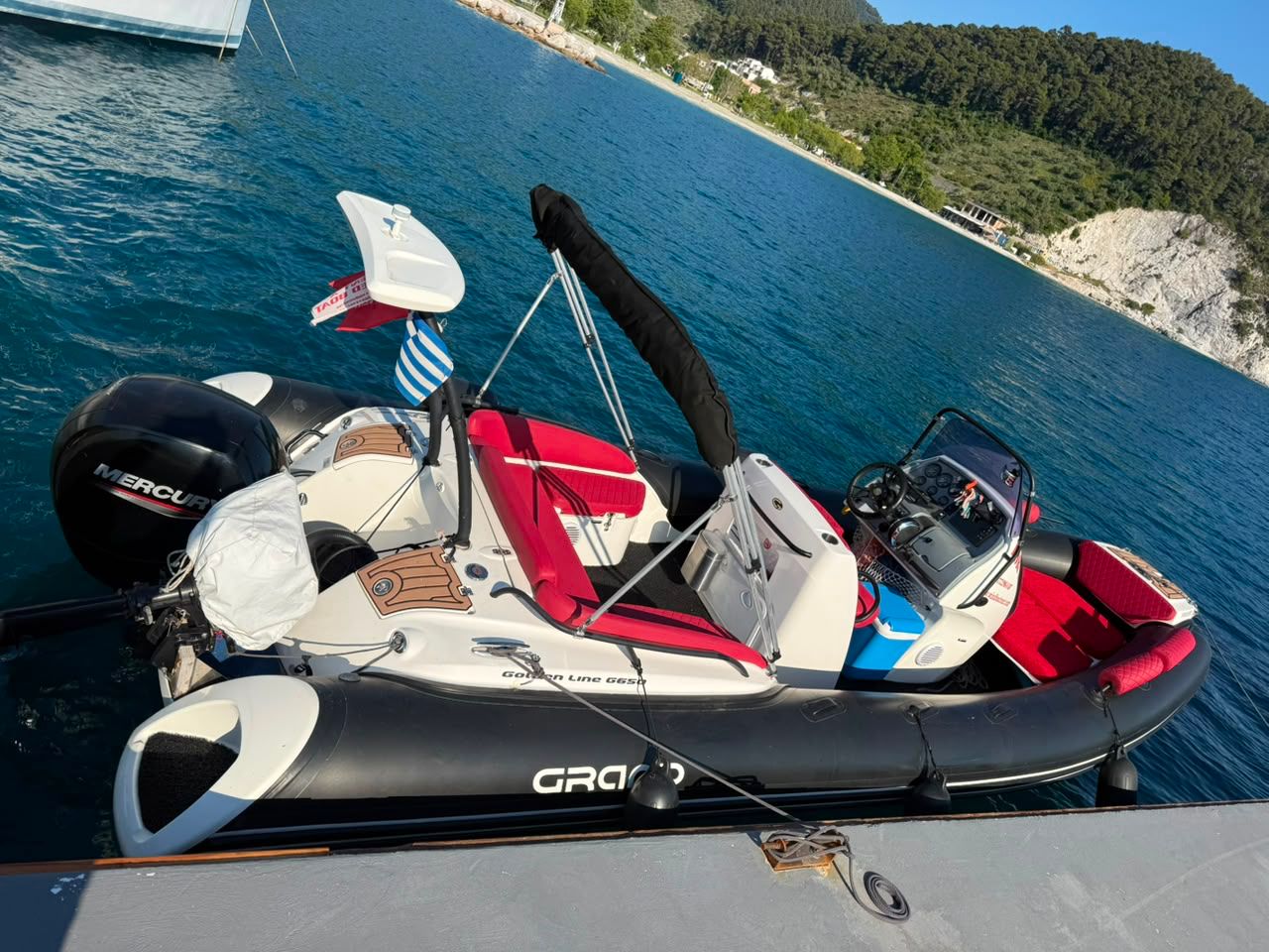 Wind Boat 6.5m wide docked view in Skopelos waters